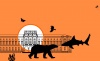 Grafisches Design der digitalen Vermittlungsangebote in orange und schwarz: Im Hintergrund ist eine Strichzeichnung des Museumsgebäudes zu sehen, davor Silhouetten verschiedener Ausstellungsobjekte wie Eisbär, Hai, Schmetterling, Vogel und Kristall.