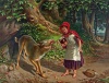 Zeichnung von Rotkäppchen und dem Wolf im Wald